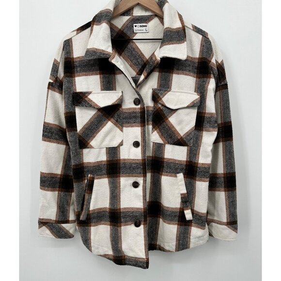 Cisono Eliana Flannel Shacket Women Large White Brown Plaid Button Up Pockets - Picture 3 of 8